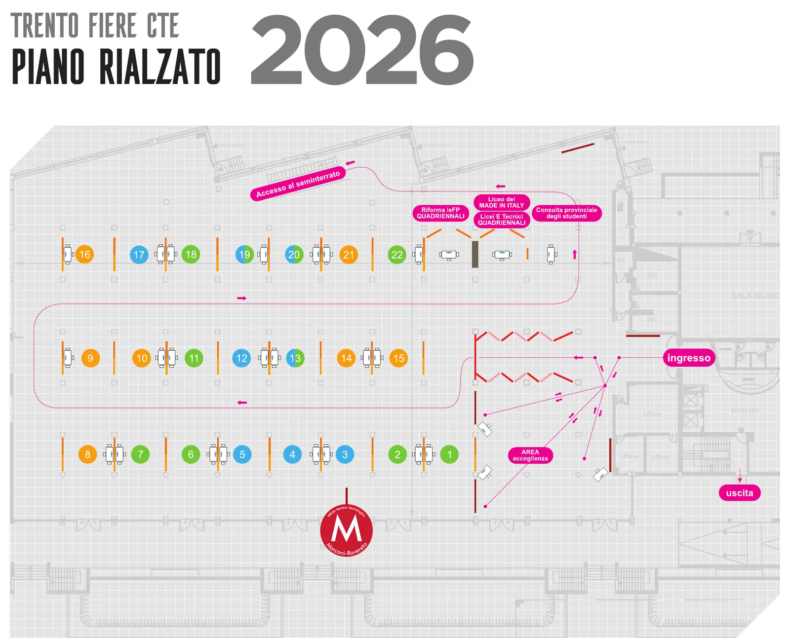 Pianta del piano rialzato di Trento Fiere CTE con lo stand n. 3 del Marconi contrassegnato dal logo