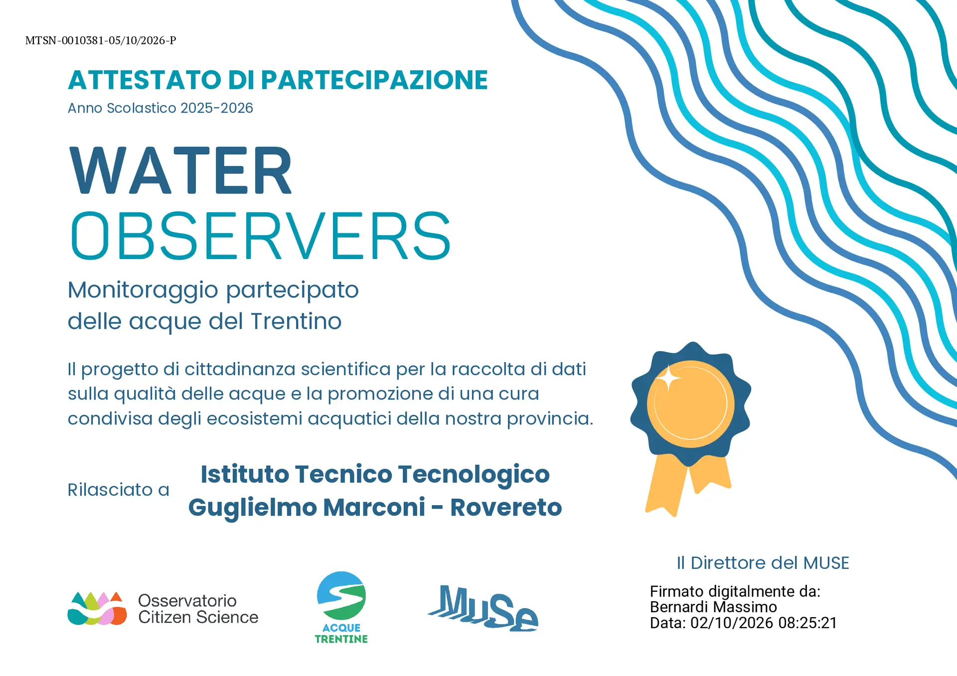 Attestato di partecipazione Water Observers 2025/2026 rilasciato al Marconi dal MUSE